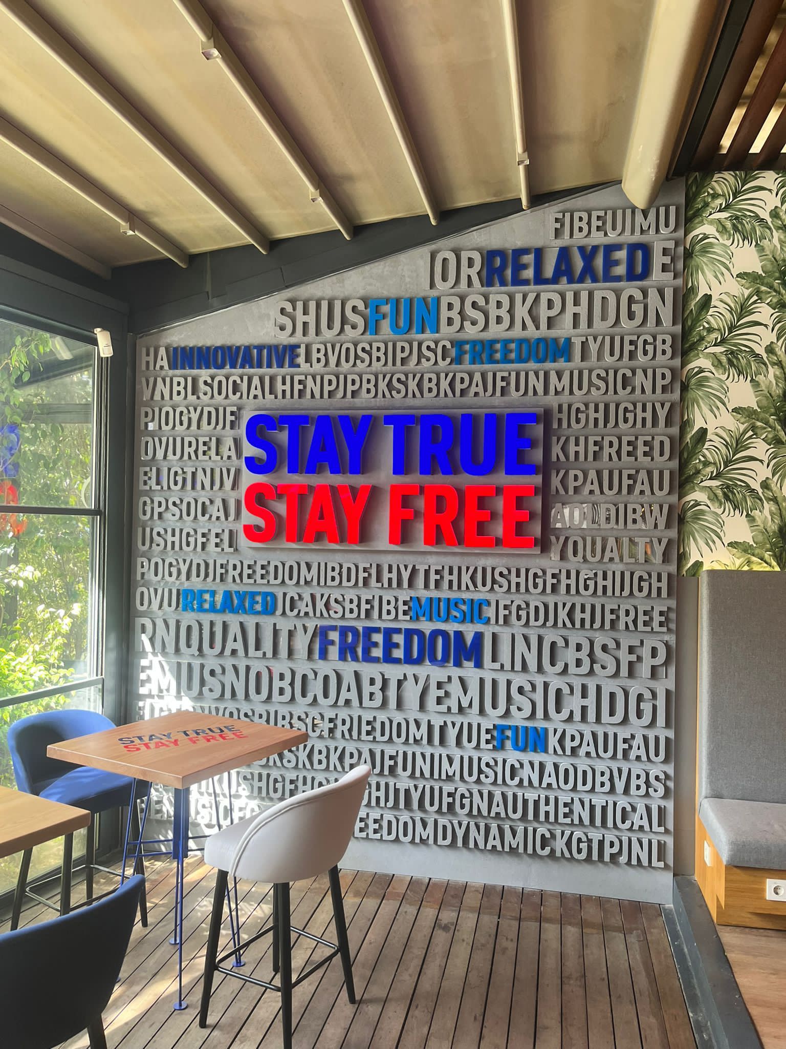Stay True Stay Free dimensional wall-mounted typographic installation